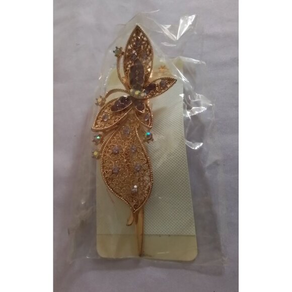 Vintage Gold-Tone Butterfly Hair Clip Barrette With Rhinestones - Picture 1 of 4